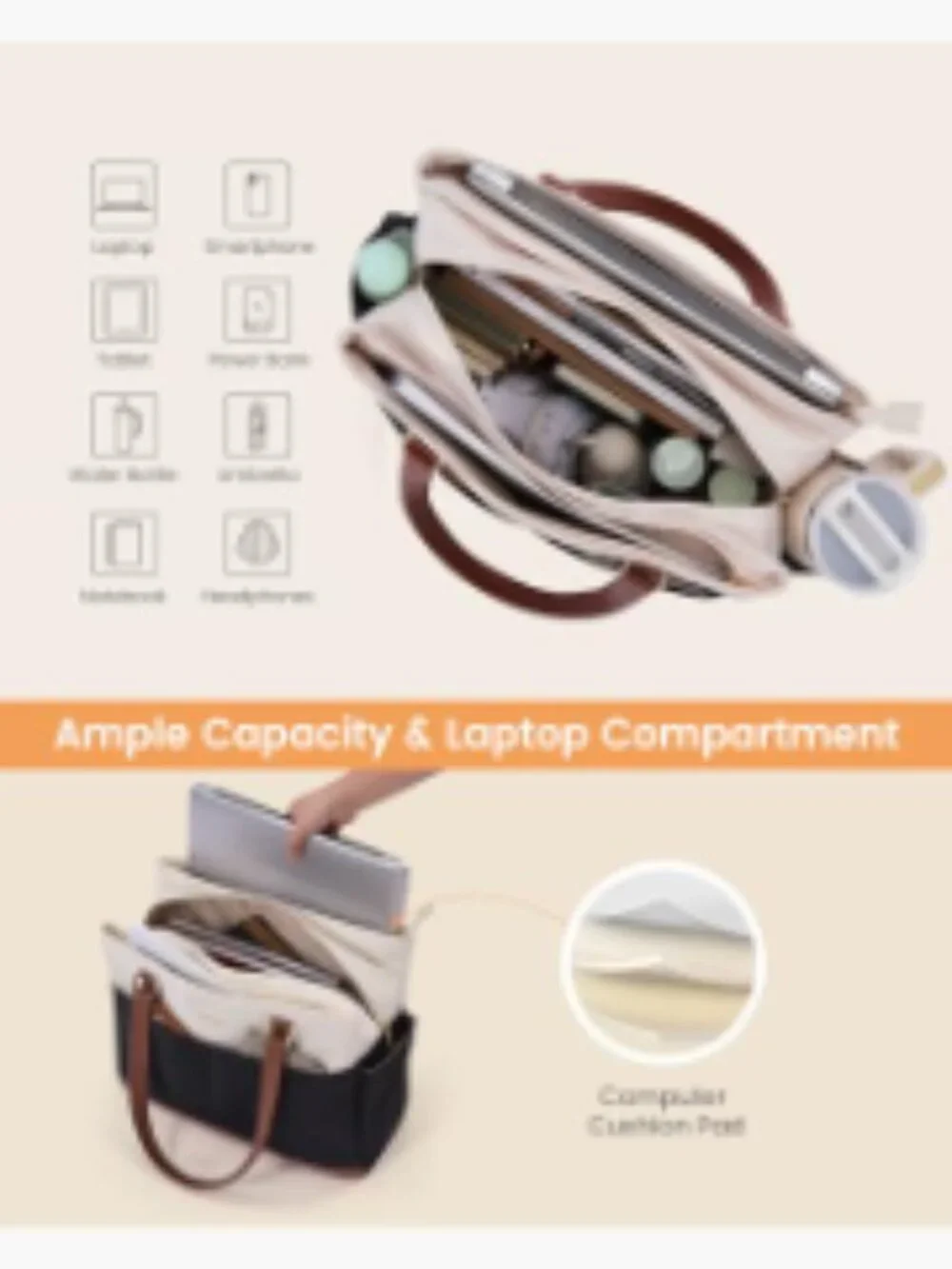 Laptop Tote Bag with Separate Pockets and Large Cup Holder